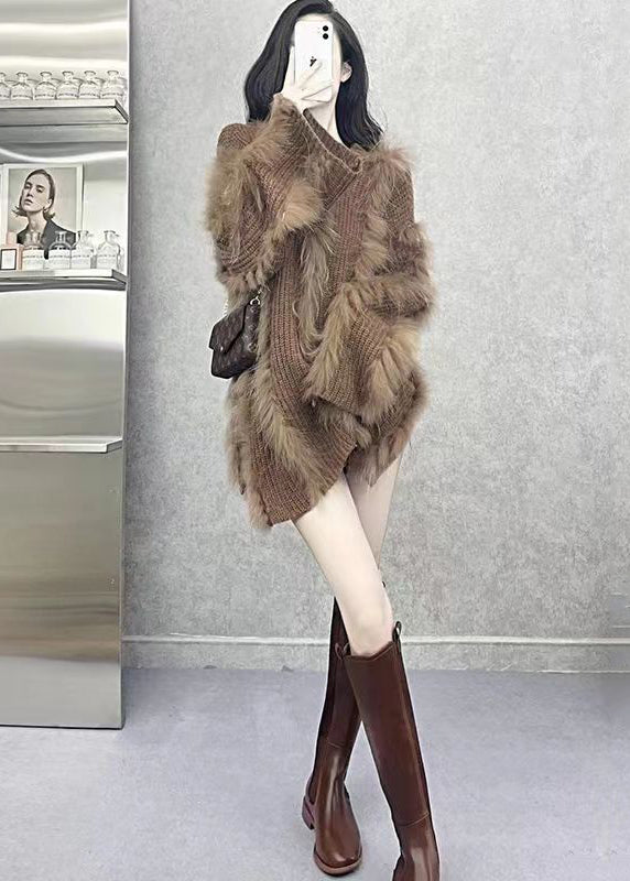 Women Brown O Neck Fox Hair Patchwork Knit Sweaters Winter