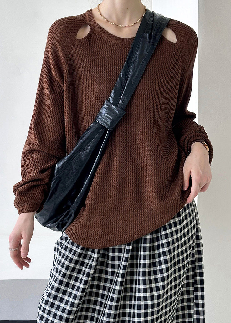 Women Brown O Neck Hollow Out Knit Sweaters Fall