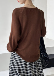 Women Brown O Neck Hollow Out Knit Sweaters Fall