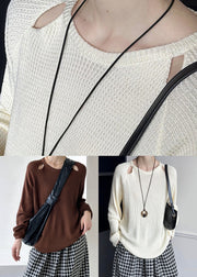 Women Brown O Neck Hollow Out Knit Sweaters Fall