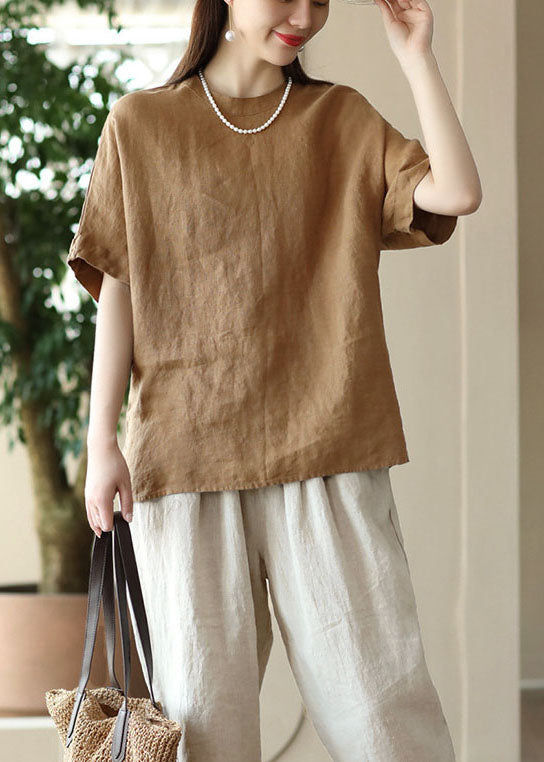 Women Brown O Neck Patchwork Linen T Shirt Top Summer