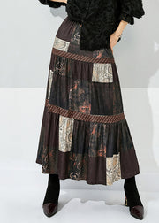 Women Brown Print Patchwork Wrinkled Silk Skirts Summer