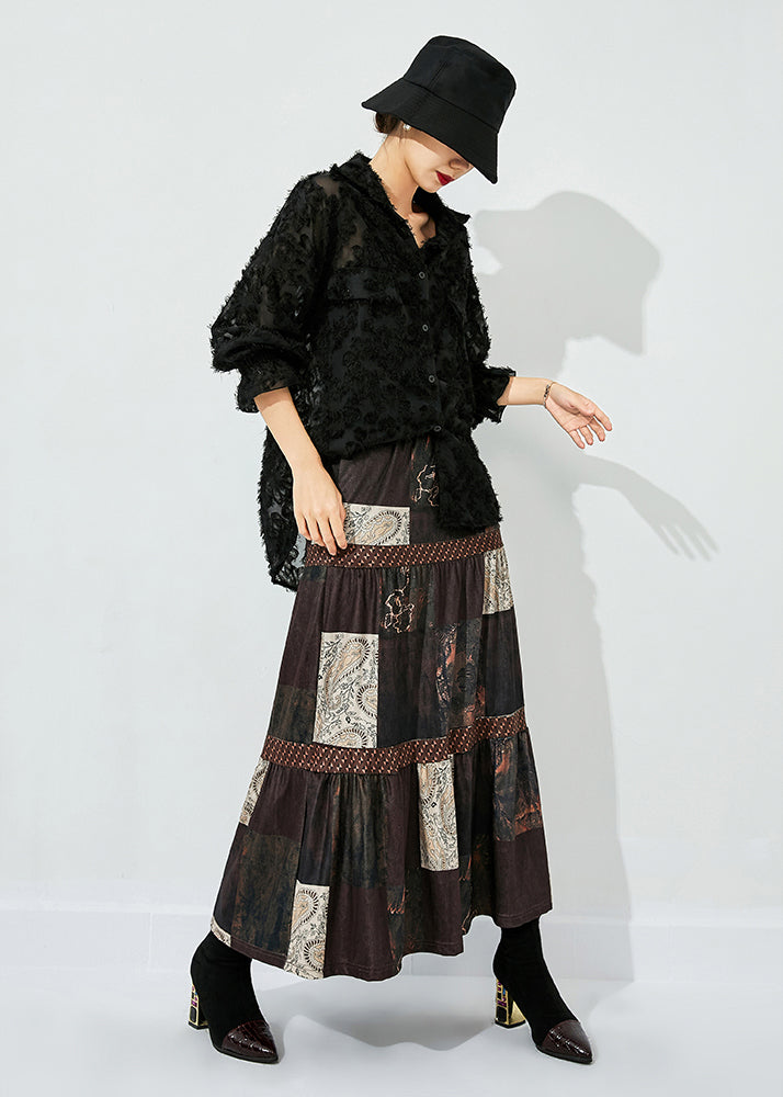 Women Brown Print Patchwork Wrinkled Silk Skirts Summer