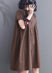 Women Brown Ruffled Plaid Linen A Line Dress Summer