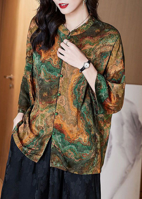 Women Brown Stand Collar Button Print Patchwork Silk Blouse Top Summer