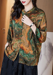 Women Black-floral Stand Collar Button Print Patchwork Silk Blouse Top Summer