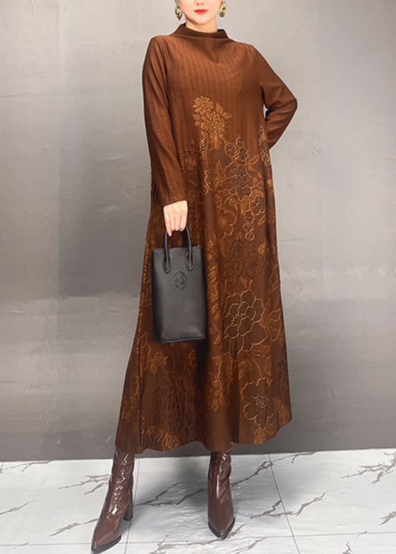 Women Brown Stand Collar Print Long Dresses Fall