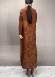 Women Brown Stand Collar Print Long Dresses Fall