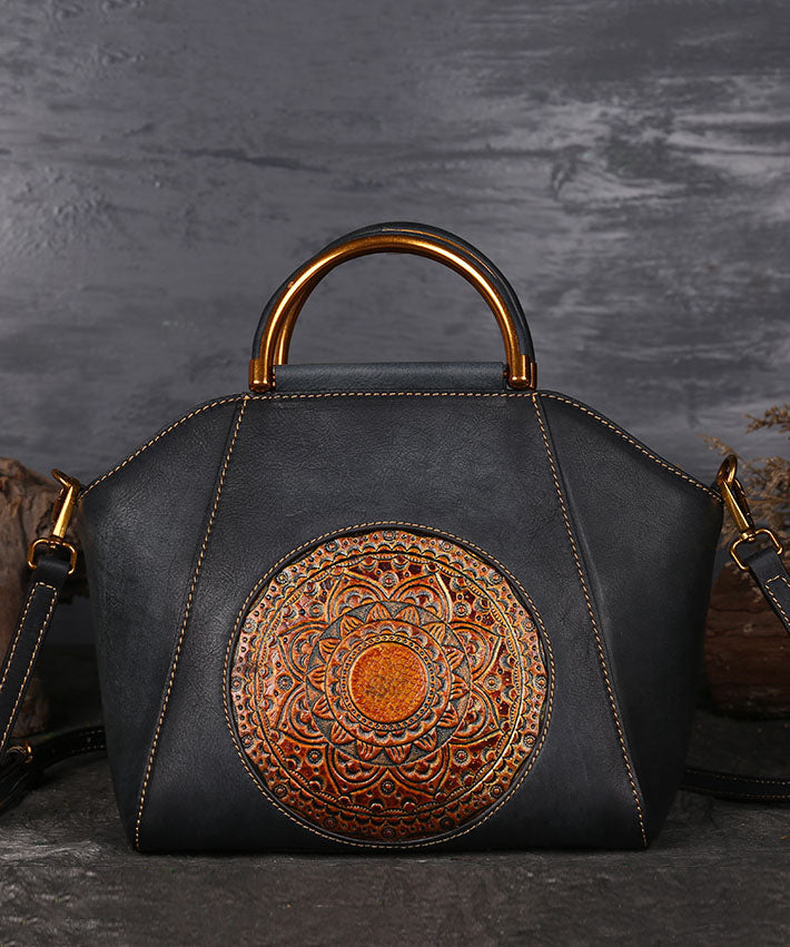 Women Brown The Sunflowers Embossing Calf Leather Tote Handbag