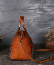 Women Brown The Sunflowers Embossing Calf Leather Tote Handbag