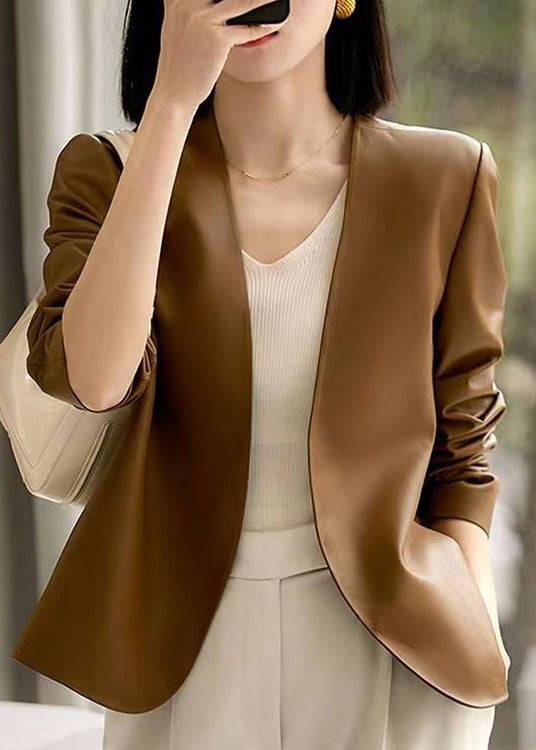 Women Brown V Neck Patchwork Sheepskin Coats Fall