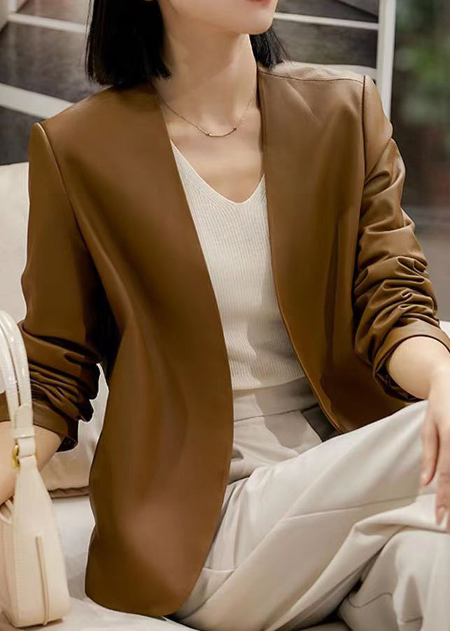 Women Brown V Neck Patchwork Sheepskin Coats Fall