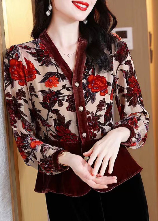 Women Brown V Neck Print Button Patchwork Velour Shirt Tops Fall