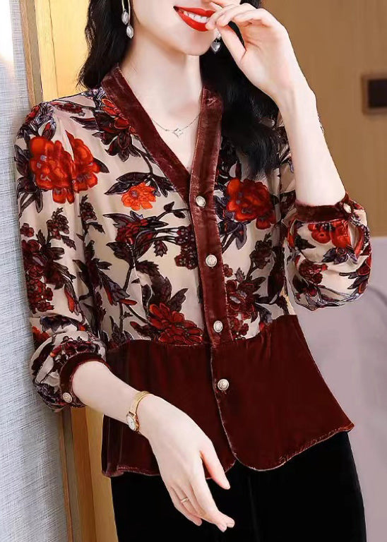 Women Brown V Neck Print Button Patchwork Velour Shirt Tops Fall