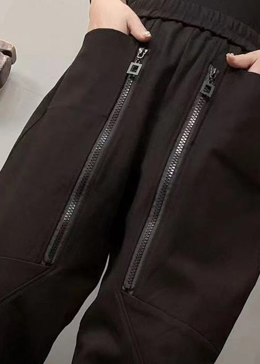 Women Brown Zippered Patchwork Elastic Waist Warm Fleece Harem Pants Winter