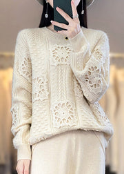 Women Camel O Neck Hollow Out Patchwork Wool Top Long Sleeve