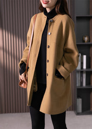 Women Camel O Neck Pockets Button Patchwork Wool Coats Fall