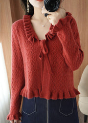 Women Camel Ruffled Lace Up Knitting Cardigans Long Sleeve