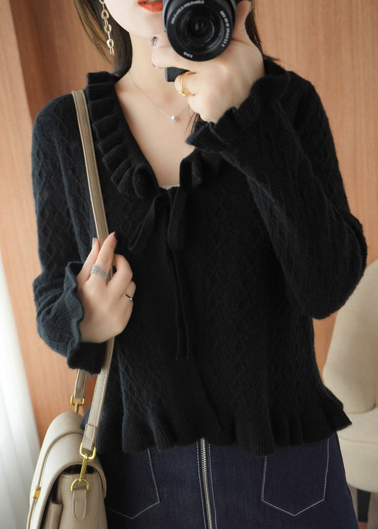 Women Camel Ruffled Lace Up Knitting Cardigans Long Sleeve