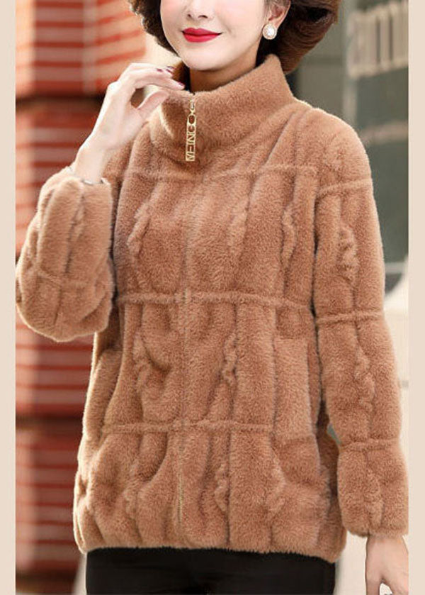 Women Camel Solid Color Collar Zip Up Mink Hair Knitted Coats Winter