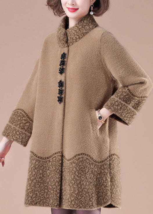 Women Camel Stand Collar Pockets Print Mink Hair Knitted Jackets Winter