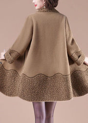 Women Camel Stand Collar Pockets Print Mink Hair Knitted Jackets Winter