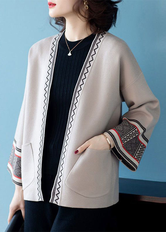 Women Camel V Neck Print Pockets Patchwork Knit Cardigans Fall