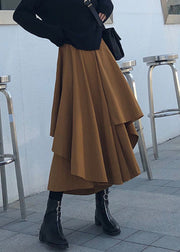 Women Caramel Asymmetrical High Waist Patchwork Cotton Pants Skirt Fall