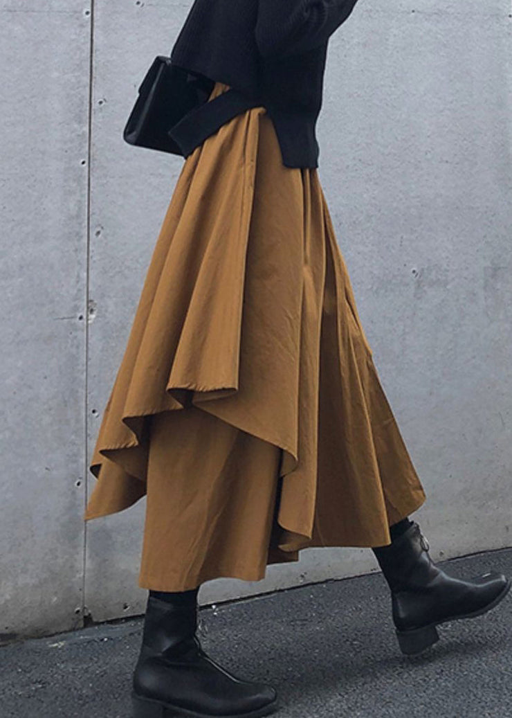 Women Caramel Asymmetrical High Waist Patchwork Cotton Pants Skirt Fall