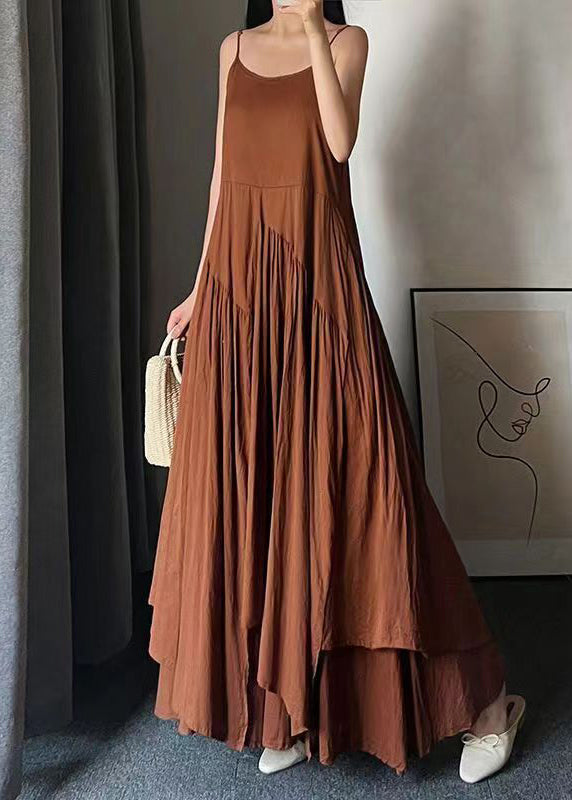 Women Caramel O Neck Wrinkled Patchwork Cotton Spaghetti Strap Dress Sleeveless