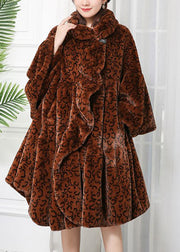 Women Caramel Oversized Leopard Print Fuzzy Fur Fluffy Jackets Winter