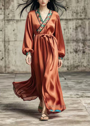 Women Caramel Silm Fit Draping Silk Holiday Dress Spring