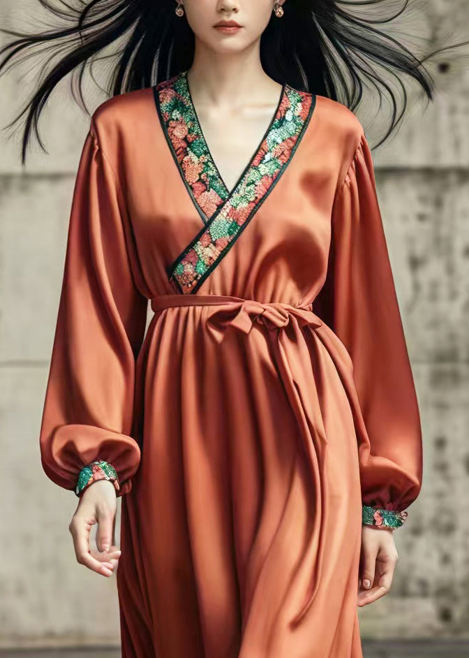 Women Caramel Silm Fit Draping Silk Holiday Dress Spring