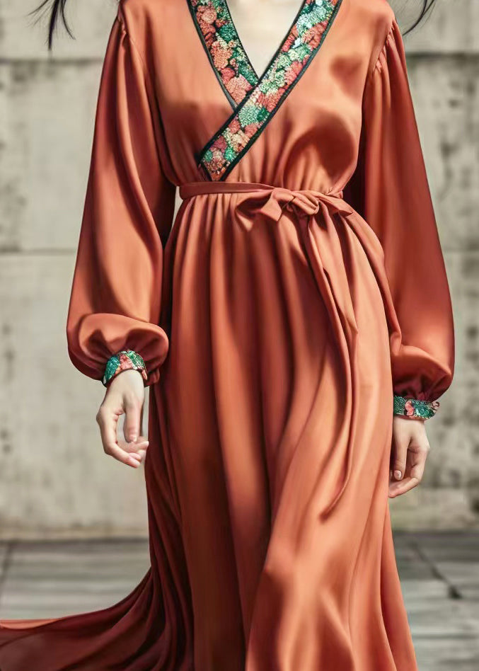 Women Caramel Silm Fit Draping Silk Holiday Dress Spring