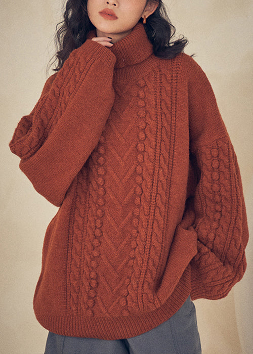 Women Caramel Turtleneck  Cable Knit Sweaters Top Fall