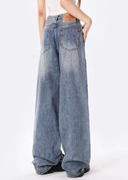 Women Casual Blue Graffiti Pockets Denim Wide Leg Pants Spring