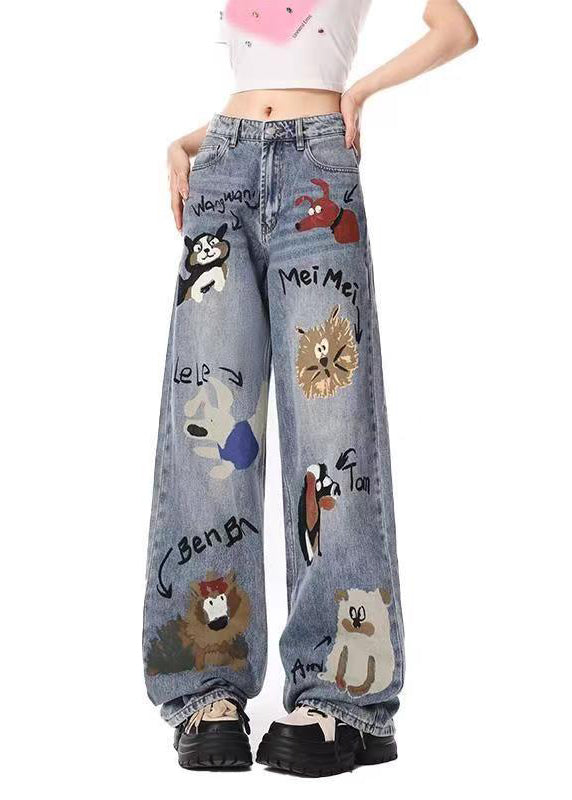 Women Casual Blue Graffiti Pockets Denim Wide Leg Pants Spring