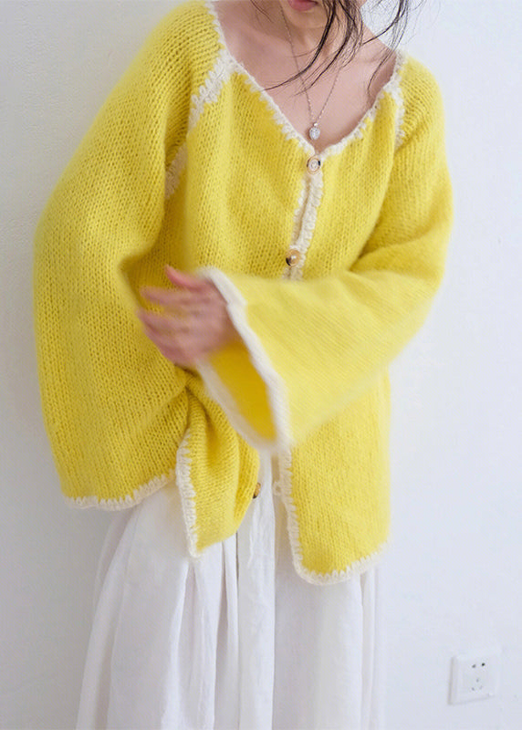 Women Casual Yellow O Neck Button Knit Cardigans Fall