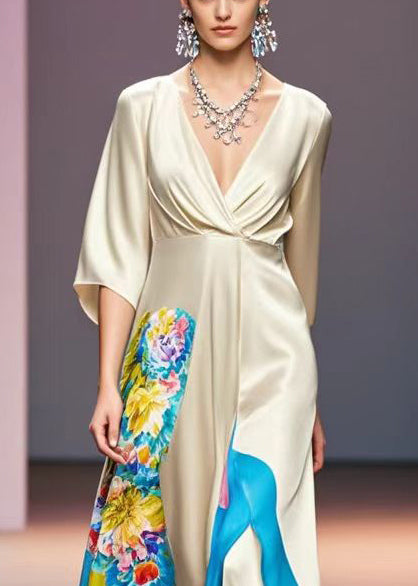 Women Champagne V Neck Print Silk Robe Dresses Bracelet Sleeve