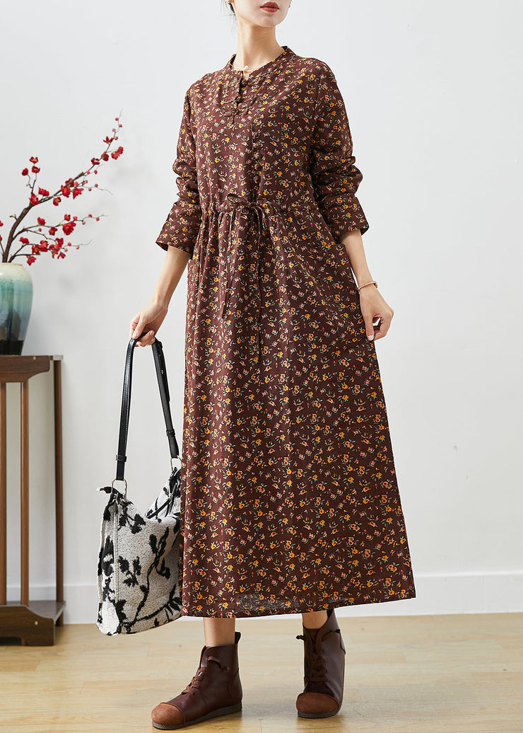 Women Chocolate Cinched Print Pockets Cotton Dresses Fall