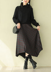 Women Chocolate Elastic Waist Asymmetrical Design Plaid Cotton Skirt Fall