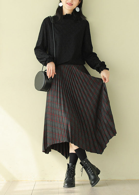 Women Chocolate Elastic Waist Asymmetrical Design Plaid Cotton Skirt Fall