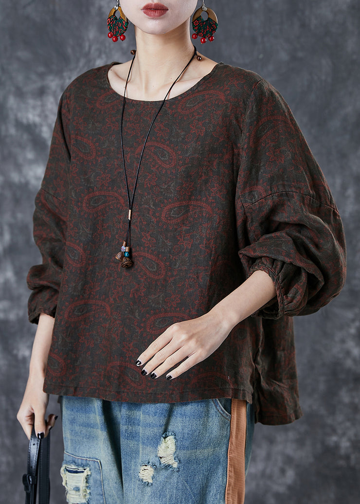 Women Chocolate Oversized Print Linen Shirt Tops Fall