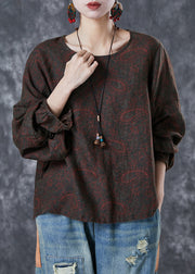 Women Chocolate Oversized Print Linen Shirt Tops Fall