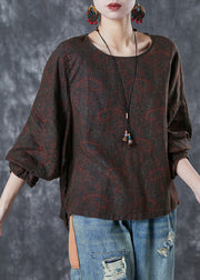 Women Chocolate Oversized Print Linen Shirt Tops Fall