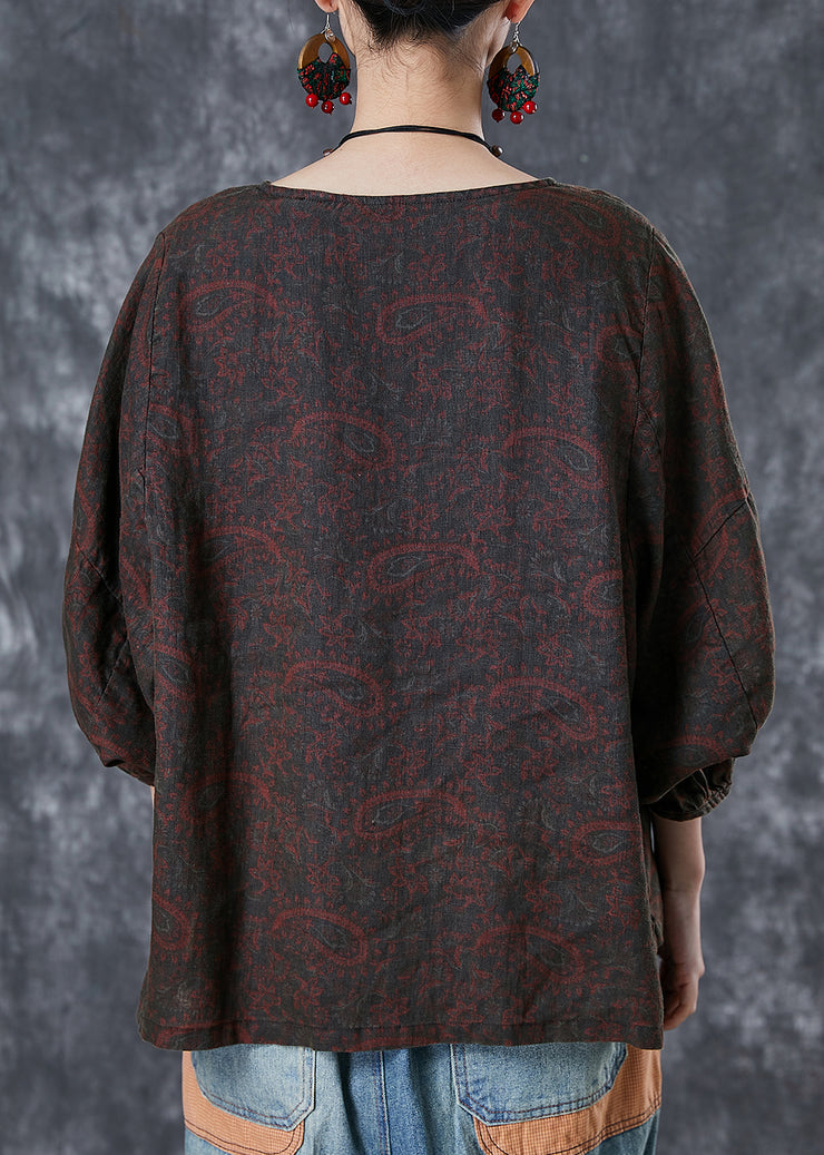 Women Chocolate Oversized Print Linen Shirt Tops Fall