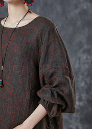 Women Chocolate Oversized Print Linen Shirt Tops Fall