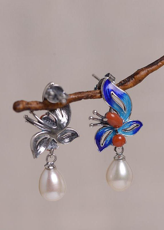 Women Cloisonne Butterfly Pearl Metal Stud Earrings