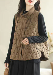 Women Coffee Button Pockets Patchwork Cotton Filled Waistcoat Sleeveless