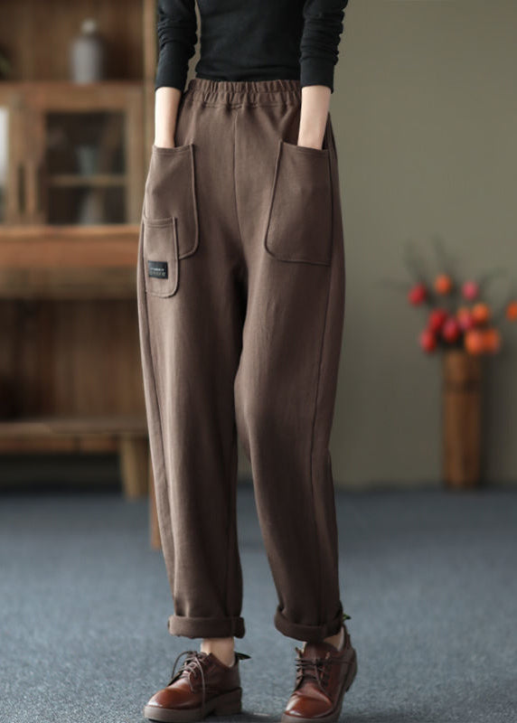 Women Chocolate Colour Pockets Elastic Waist Cotton Pants Fall